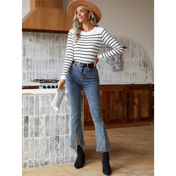 Striped Button Detail preppy knit Sweater black white - Picture 5 of 6